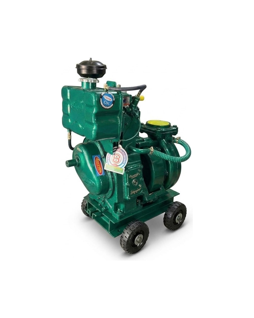A diesel engine pumpset on a wheeled trolley