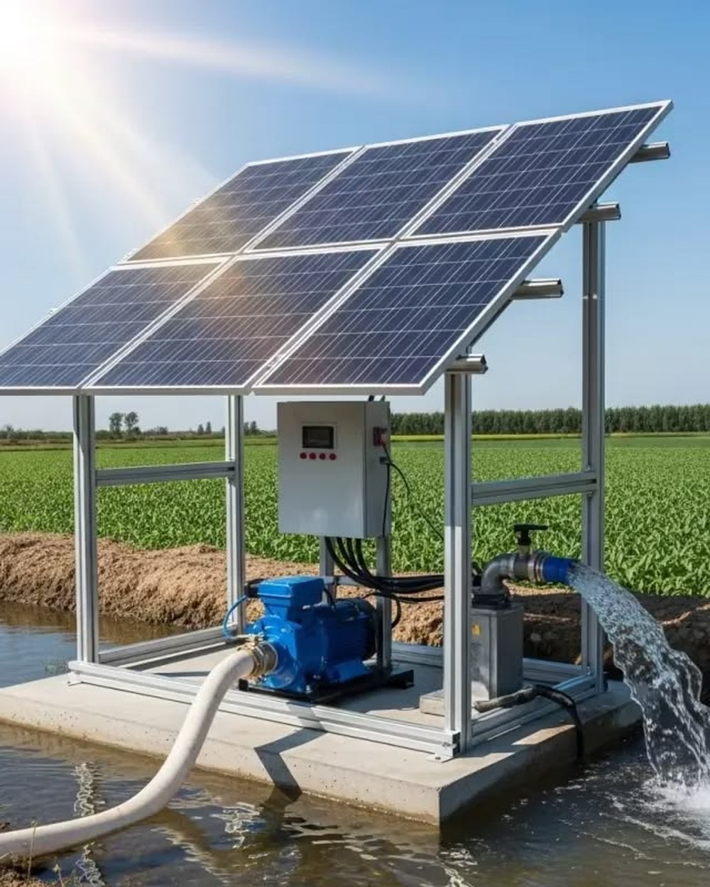 A solar surface pump drawing water beside a field